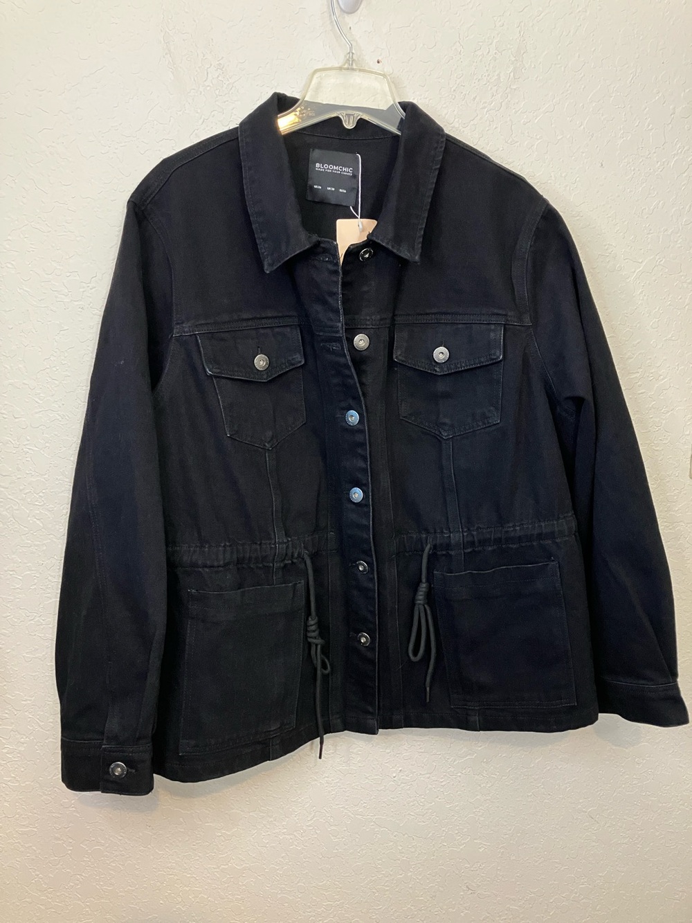 BloomChic Black Drawstring-Waist Denim Jacket
